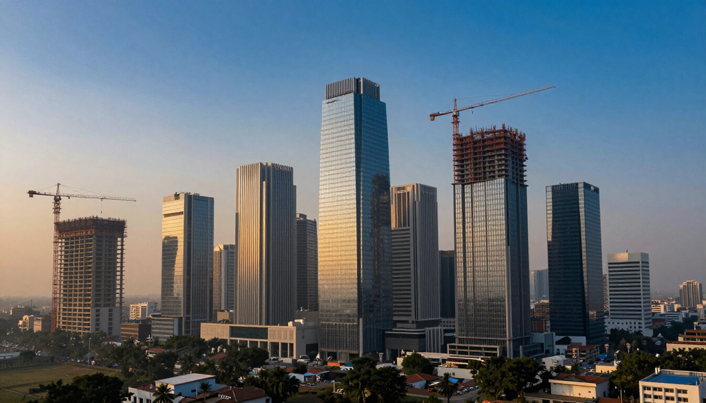 Skyline of residential and commercial towers under construction in Ahmedabad at golden hour